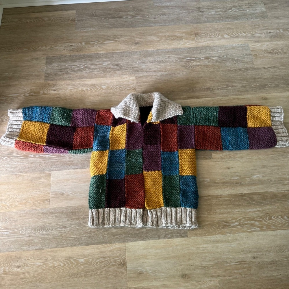Handmade One Of A Kind Heavy Crochet Color Block Jacket Sweater Long Sleeve - Picture 12 of 16